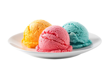 Colorful scoops of ice cream in strawberry, mango, and blue vanilla flavors served on a white plate, refreshing summer dessert, png