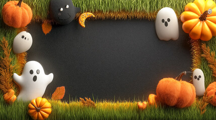 Top-down view of Halloween border frame showcasing playful ghosts and pumpkins amidst bright green grass. Background designed for party decorations, event invitations, concept of seasonal festivities