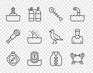Set line Compass, Crab, Dead fish, Location with anchor, Floating buoy, Shark fin ocean wave, Life jacket and Sailor captain icon. Vector