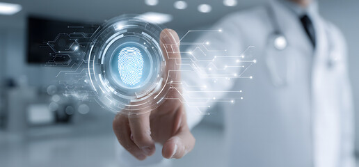 Doctor activates secure digital identity with futuristic fingerprint scan in high-tech medical environment