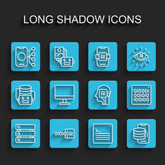 Set line Server, Data, Binary code, Neural network, Web developer programming, Cloud technology data transfer, Computer monitor, and Humanoid robot icon. Vector