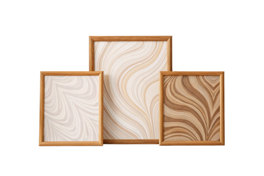 Three wooden frames arranged showing varied abstract beige marble swirl patterns in gallery wall, isolated on a transparent background
