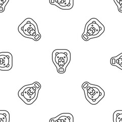 Grey line Bear head on shield icon isolated seamless pattern on white background. Hunting trophy on wall. Vector