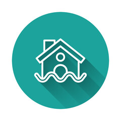 White line House flood icon isolated with long shadow. Home flooding under water. Insurance concept. Security, safety, protection, protect concept..