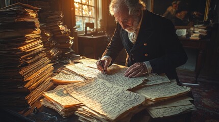 Elderly man writing at messy desk, papers, old