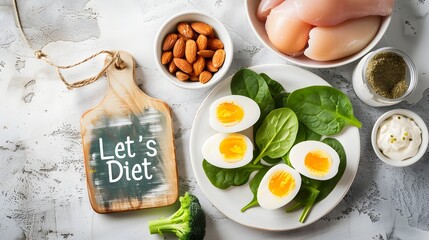 Let&rsquo;s Diet Healthy Food Concept, Fresh Fruits, Vegetables, Eggs, and Clean Eating Lifestyle
