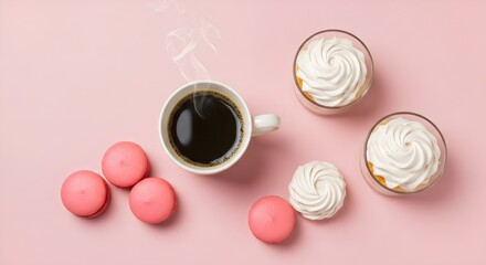 Obraz premium Coffee and Pastries: A Minimalist Pink Background Still Life