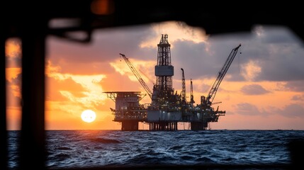 Obraz premium Offshore oil rig platform in the ocean at sunset with dramatic sky, symbolizing energy, petroleum industry and marine engineering