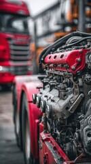 Fototapeta premium High-quality photo of disassembled truck engine in repair service. Heavy machinery, diesel motor vehicle part close-up. Red truck blurred background. Maintenance, repair.