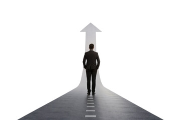 Corporate figure walking on dotted line toward upward arrow showing strategic planning and leadership, isolated on a transparent background