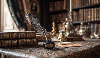 A quill pen and inkwell on an old wooden desk, surrounded by leather-bound books with ornate, gilded edges, with a blurred background of bookshelves filled with ancient tomes
