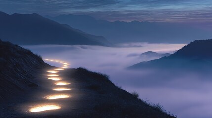Fototapeta premium Glowing footprints ascending misty mountains, representing the challenging path of personal health journeys.