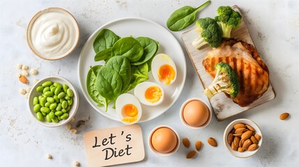Let&rsquo;s Diet Healthy Food Concept, Fresh Fruits, Vegetables, Eggs, and Clean Eating Lifestyle