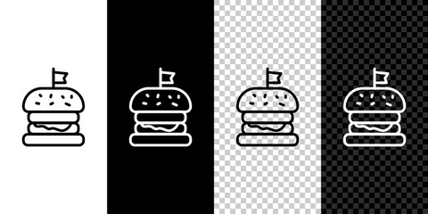 Set line Burger icon isolated on black and white, transparent background. Hamburger icon. Cheeseburger sandwich sign. Fast food menu. Vector