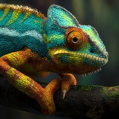 Obraz premium Colorful chameleon perched on branch, exotic reptile close up wildlife photography