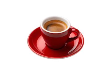 Red espresso cup with saucer containing golden crema coffee, classic Italian style, isolated on a transparent background