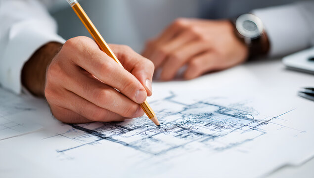 Architectural design process man drawing blueprint wth pencil on white paper dsk
