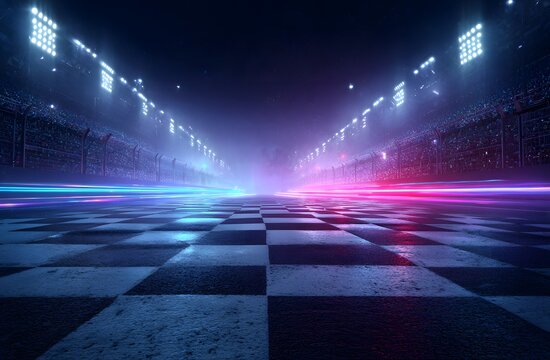 Futuristic neon light racing track at night with speed motion trails and finish line concept symbolizing competition, technology and victory