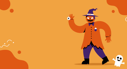 Spooky and fun Halloween illustration featuring a smiling jack-o'-lantern scarecrow and a cute ghost on an orange background, perfect for holiday promotions.