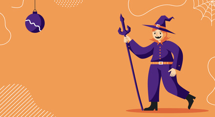 Playful character dressed as a witch or warlock, holding a trident, ready for Halloween festivities on an orange background with decorative elements. Ideal for holiday promotions.