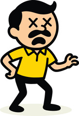 Cartoon man, angry expression, yellow shirt, black pants, mustache character, X eyes, shouting pose, vector art, bold lines, white background.