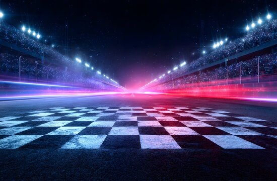 Futuristic neon light racing track at night with speed motion trails and finish line concept symbolizing competition, technology and victory - Powered by Adobe