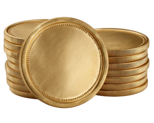 Stacked gold coin shiny metallic surface round shape isolated on transparency background closeup detail financial concept wealth investment savings prosperity no engraving