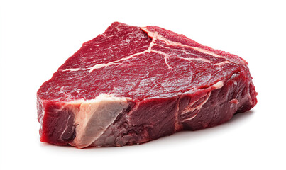A raw and unseasoned beef steak on a white background, isolated, in PNG format. A piece of fresh meat in the shape of an inverted triangle with visible marbling and fat.