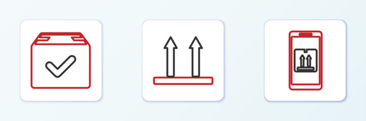 Set line Mobile with app tracking, Package box check mark and This side up icon. Vector