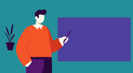 Stylish illustration of a person presenting information on a blank board with a pointer, symbolizing education, business, or communication.