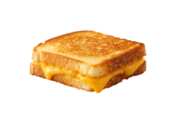 Golden grilled cheese sandwich with perfectly melted cheese filling between crispy buttered bread halves stacked, isolated on a transparent background