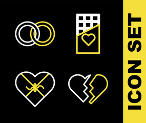 Set line Chocolate bar, Broken heart, Candy in shaped box and Wedding rings icon. Vector