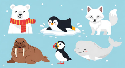 Cute Cartoon Arctic Animals in Winter Wonderland.