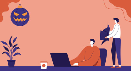 Modern flat design illustration of two men collaborating in an office with a Halloween ornament, one working on a laptop, symbolizing teamwork and seasonal business.