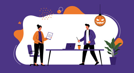 Two professionals engage in a meeting, reviewing documents and presenting ideas in a modern office. Features subtle seasonal Halloween decor.