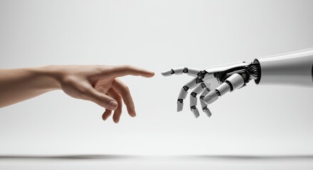 Human hand reaching out to touch robot hand depicting connection innovation and the future of technology and human interaction