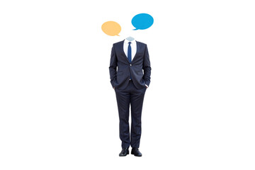 Headless businessman in navy suit with hands in pockets and two speech bubbles above, isolated on a transparent background