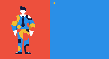 Stylish illustrated businessman in a colorful polka dot suit with a happy expression on a split red and blue background, representing creativity and modern business.