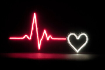 A red, glowing line graph of an electrocardiogram (ECG) with two peaks, one high and the other low, on a black background