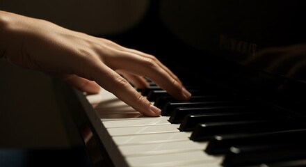 A close-up shot of a person's hands gracefully playing the piano keys in a dimly lit room.