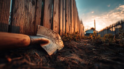 High-quality photo of garden spade resting on soil near wooden fence at sunset.