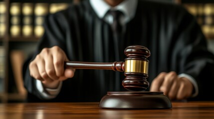 A judge holding a gavel, symbolizing justice and authority, in a courtroom setting with books in the background.