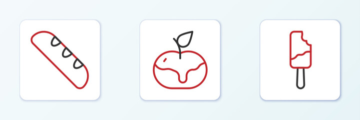 Set line Ice cream, French baguette bread and Apple in caramel icon. Vector