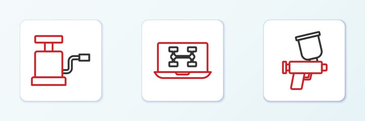 Set line Paint spray gun, Car air pump and Diagnostics condition of car icon. Vector