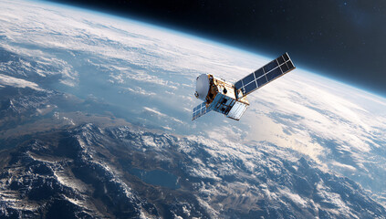 A satellite in orbit above the Earth, capturing global data and communications for technological applications