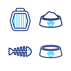 Set line Pet food bowl, Fish skeleton, and carry case icon. Vector