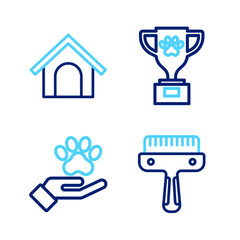 Set line Hair brush for dog and cat, Hands with animals footprint, Pet award and Dog house icon. Vector