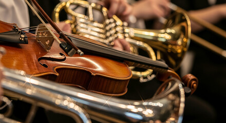 Naklejka premium Artistic Close-Up of Philharmonic Instruments in Live Concert