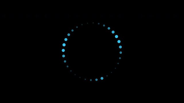 A clean and modern loading spinner animation. A ring of light blue dots endlessly chases each other in a seamless loop. Perfect as an overlay with its alpha channel for transparent backgrounds.
