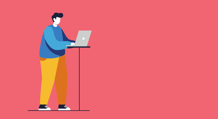 A man in casual attire works on a laptop at a standing desk, symbolizing modern productivity, remote work, or a focused presentation. Ideal for business, technology, or lifestyle concepts.